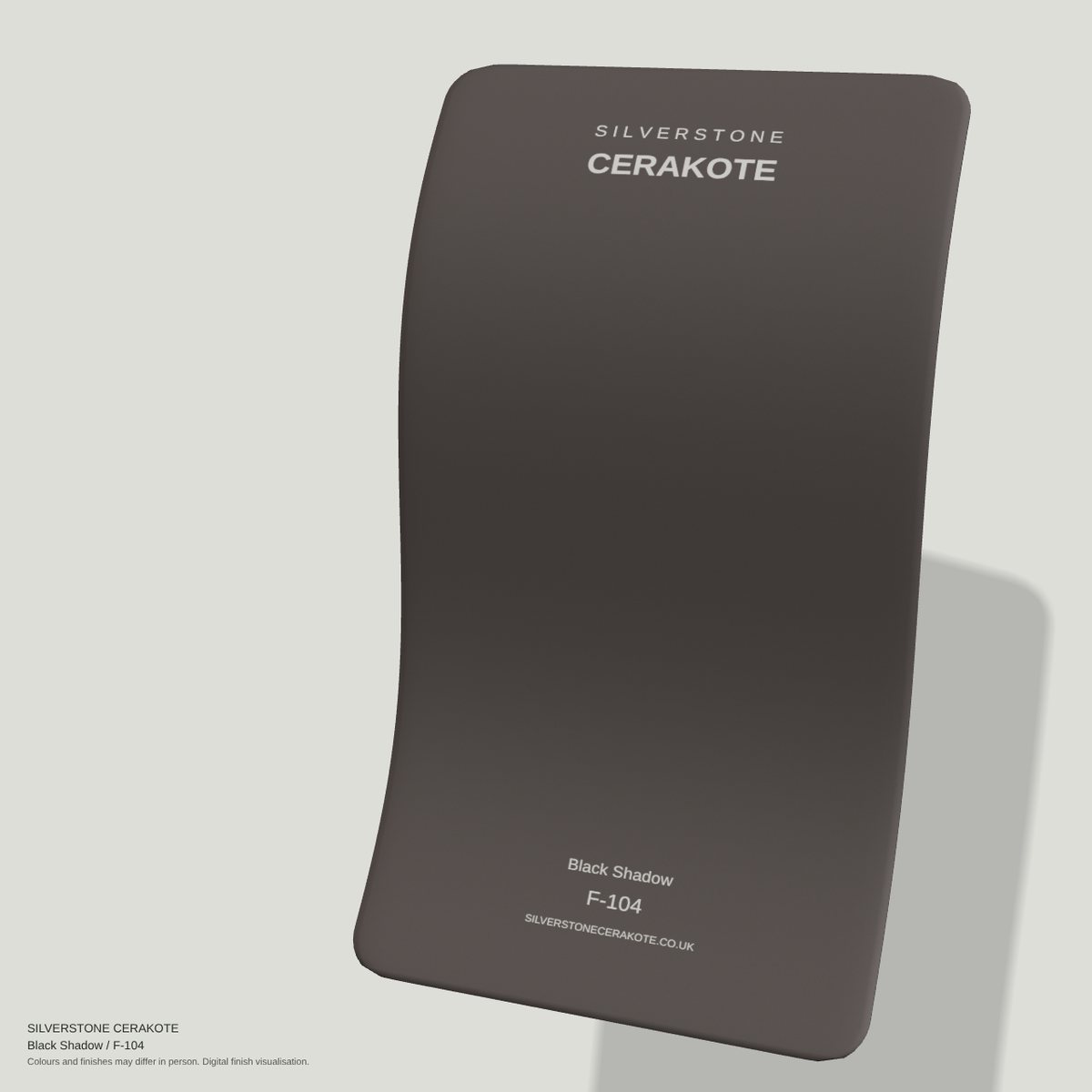 Black Shadow F-104 Cerakote finish on a Silverstone Cerakote sample swatch (digital visualisation)