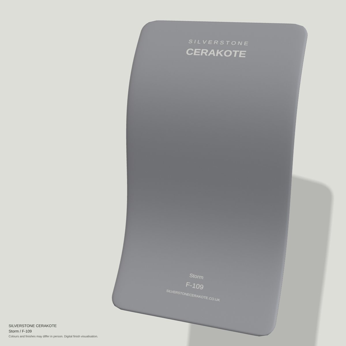 Storm F-109 Cerakote finish on a Silverstone Cerakote sample swatch (digital visualisation)