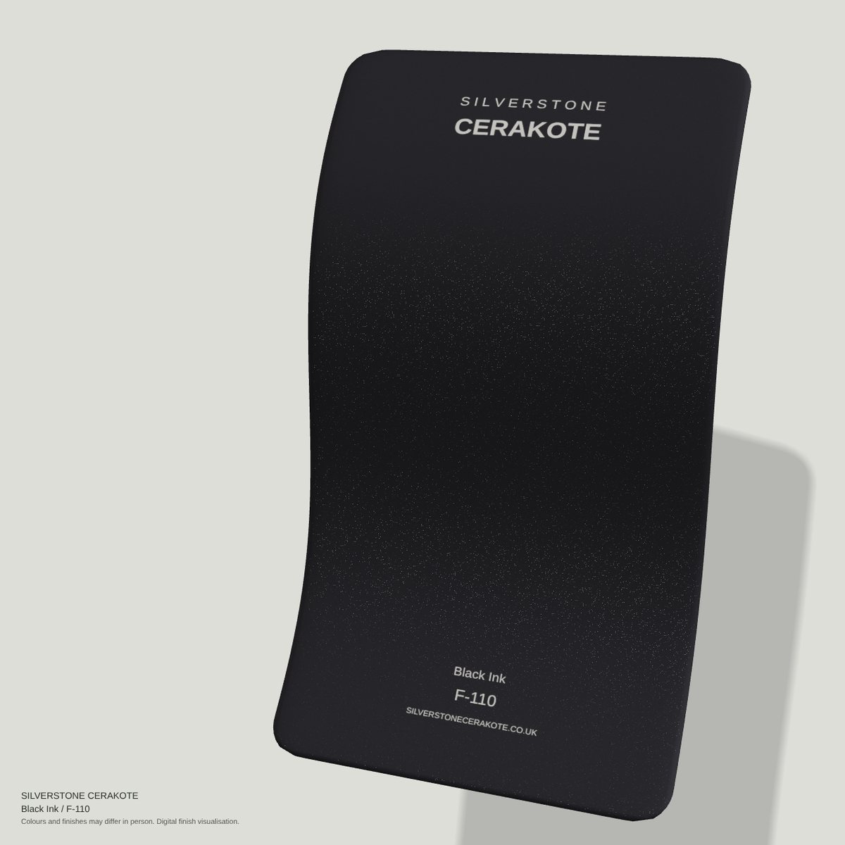 Black Ink F-110 Cerakote finish on a Silverstone Cerakote sample swatch (digital visualisation)