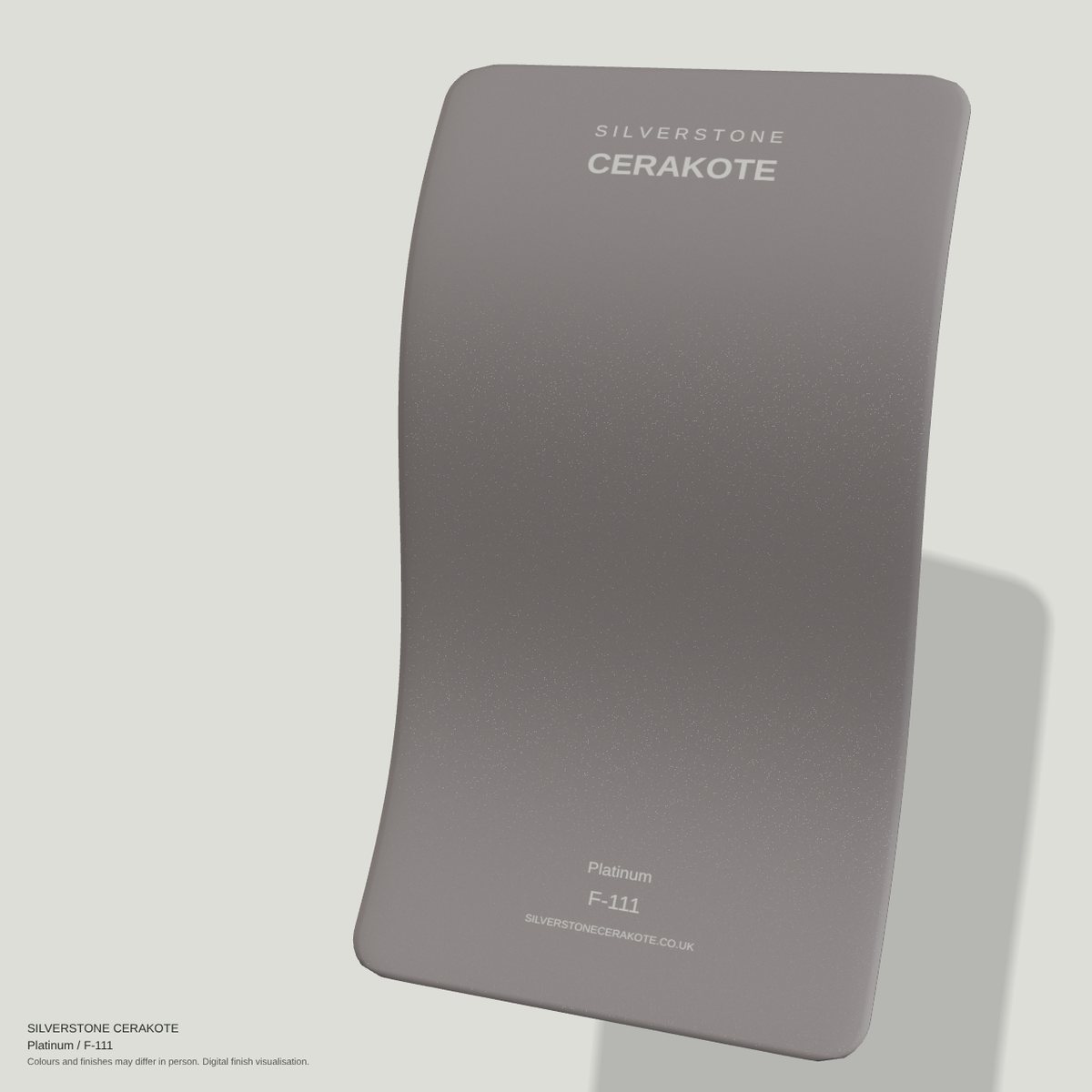Platinum F-111 Cerakote finish on a Silverstone Cerakote sample swatch (digital visualisation)