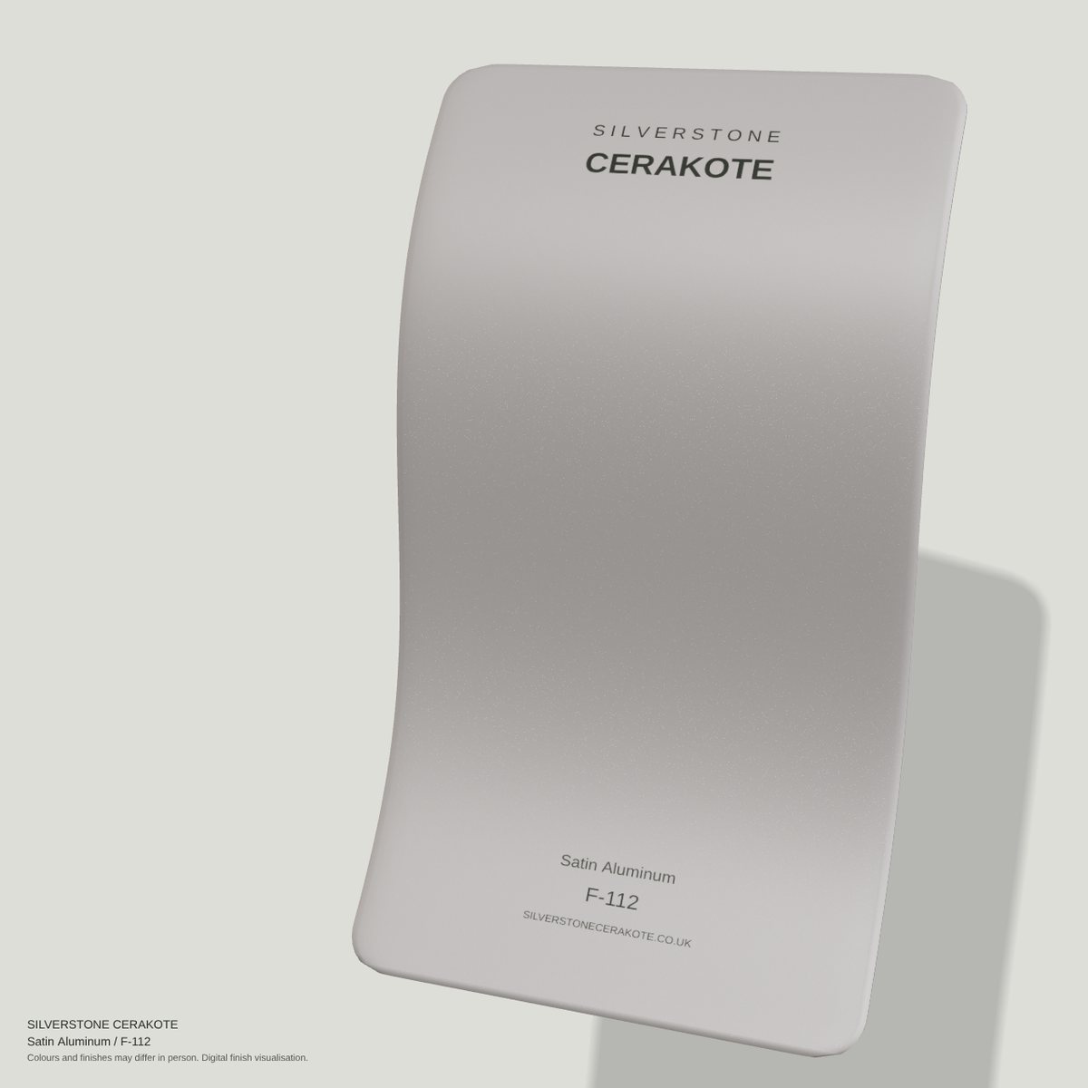 Satin Aluminum F-112 Cerakote finish on a Silverstone Cerakote sample swatch (digital visualisation)
