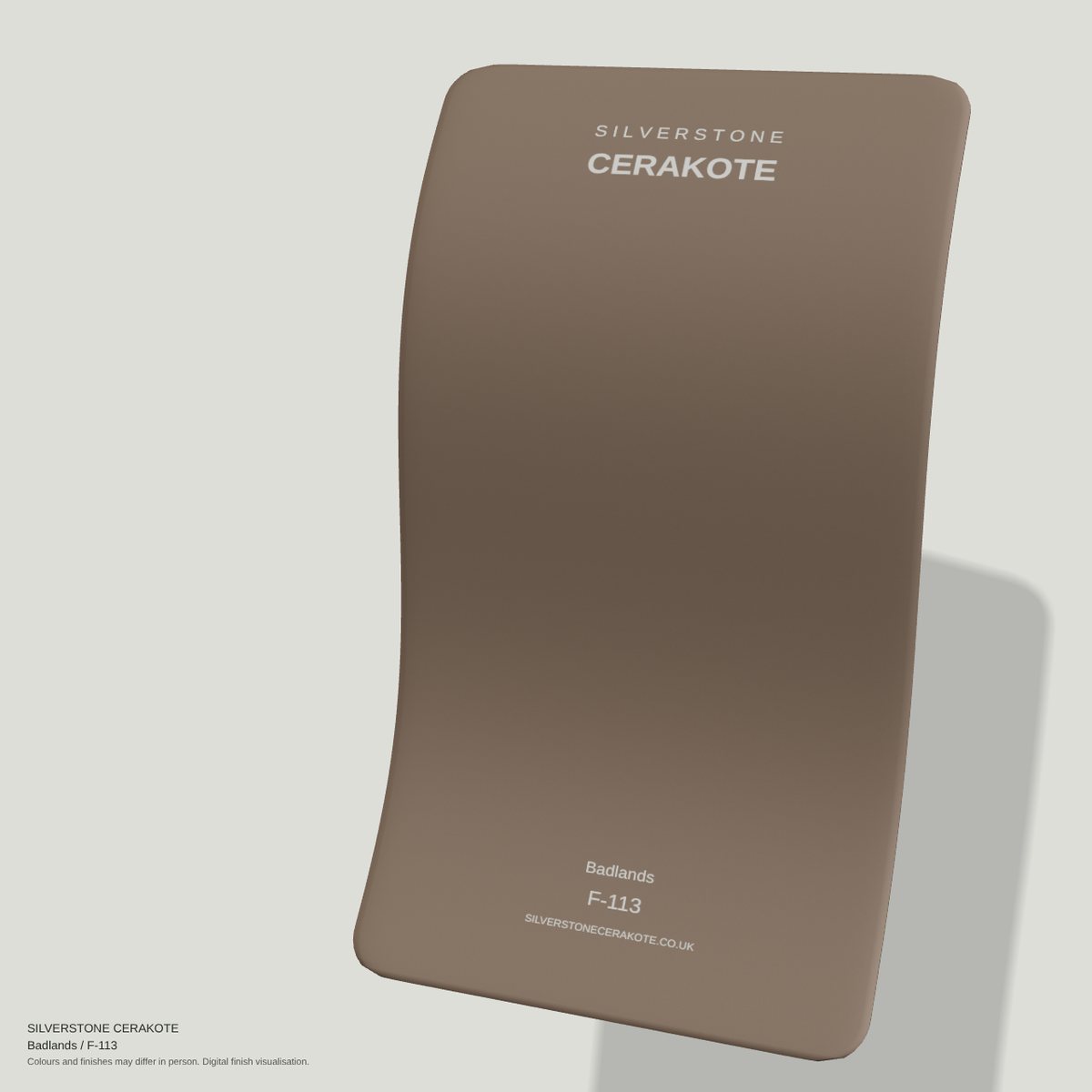 Badlands F-113 Cerakote finish on a Silverstone Cerakote sample swatch (digital visualisation)