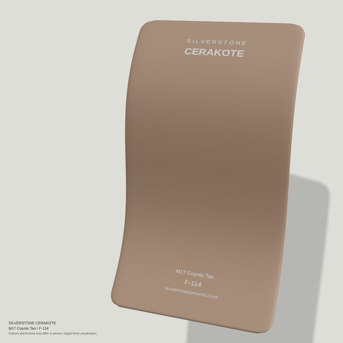 M17 Coyote Tan F-114 Cerakote finish on a Silverstone Cerakote sample swatch (digital visualisation)