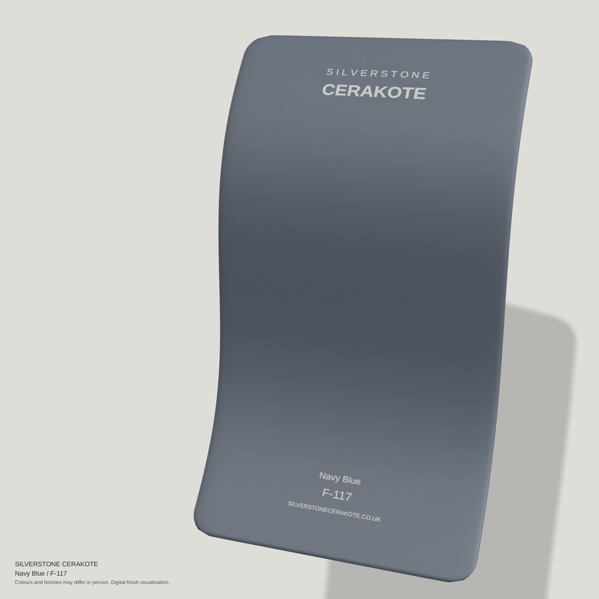Navy Blue F-117 Cerakote finish on a Silverstone Cerakote sample swatch (digital visualisation)