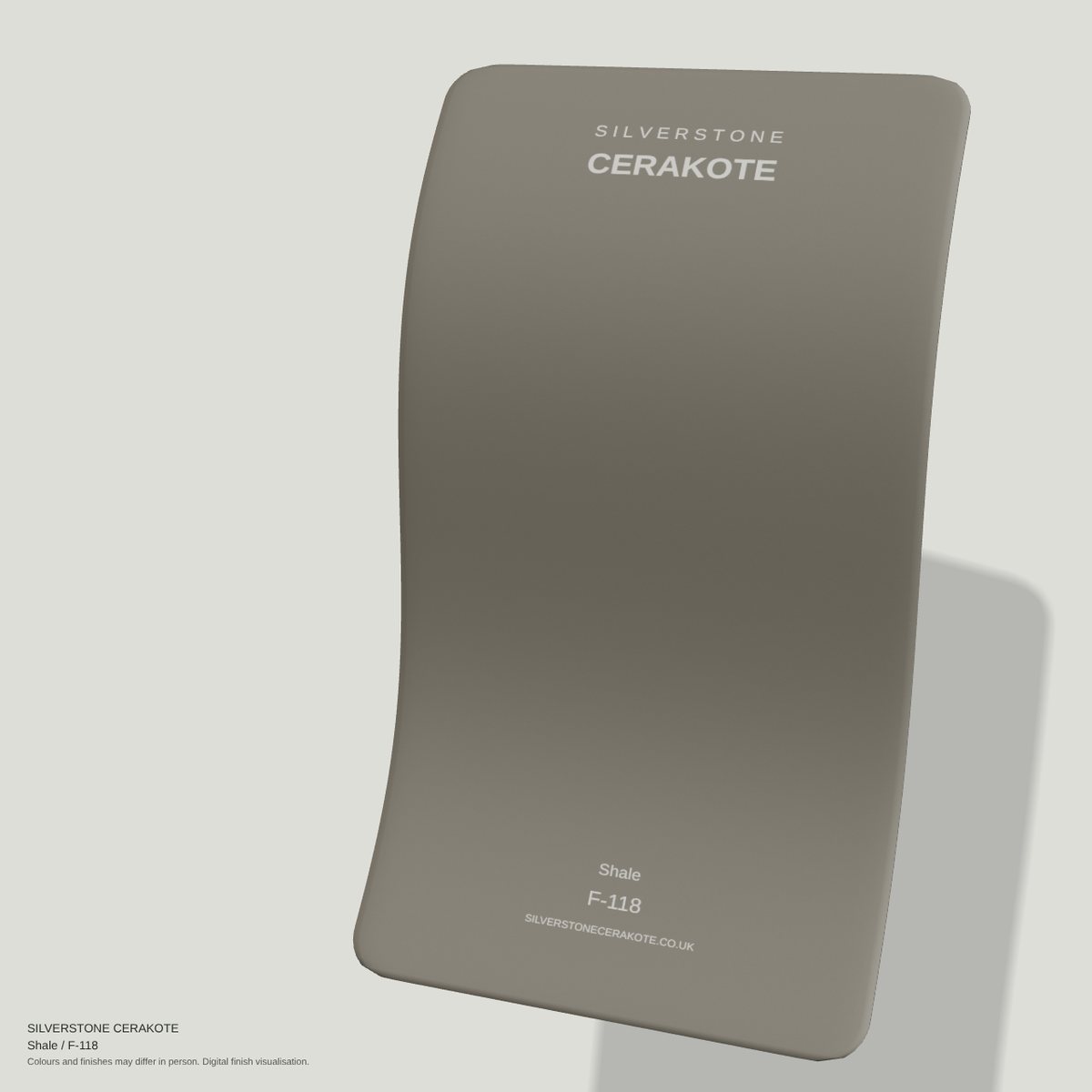 Shale F-118 Cerakote finish on a Silverstone Cerakote sample swatch (digital visualisation)