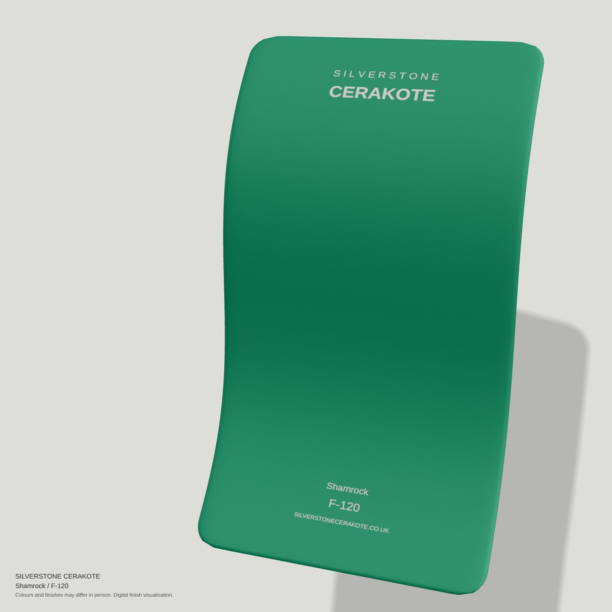 Shamrock F-120 Cerakote finish on a Silverstone Cerakote sample swatch (digital visualisation)