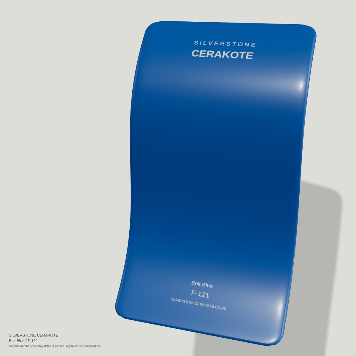 Bolt Blue F-121 Cerakote finish on a Silverstone Cerakote sample swatch (digital visualisation)