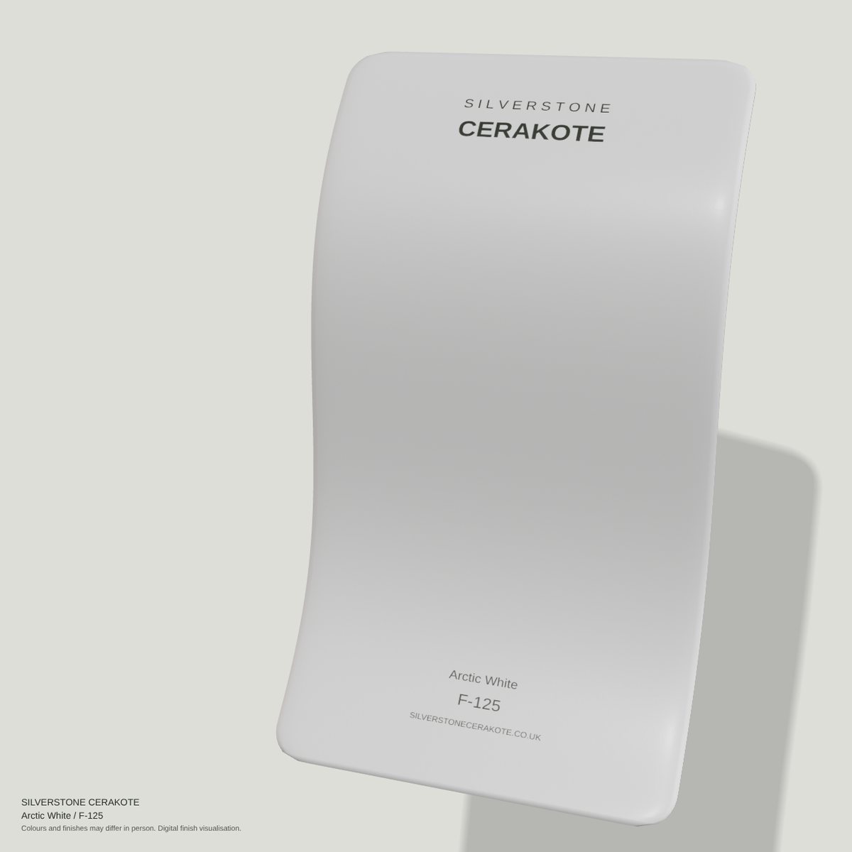 Arctic White F-125 Cerakote finish on a Silverstone Cerakote sample swatch (digital visualisation)