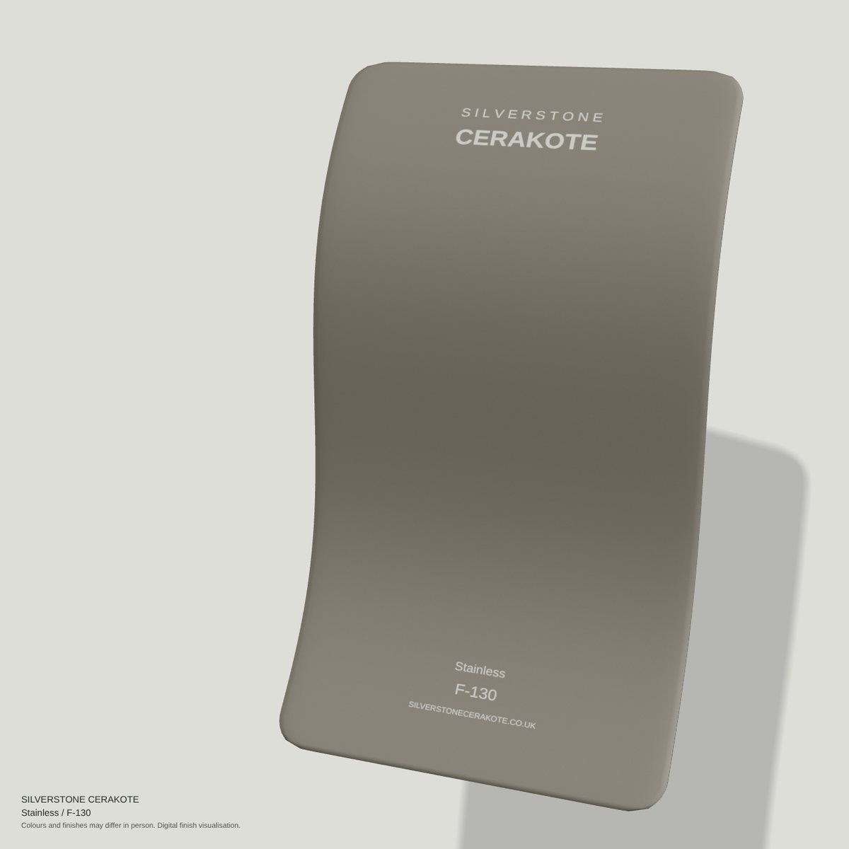 Stainless F-130 Cerakote finish on a Silverstone Cerakote sample swatch (digital visualisation)