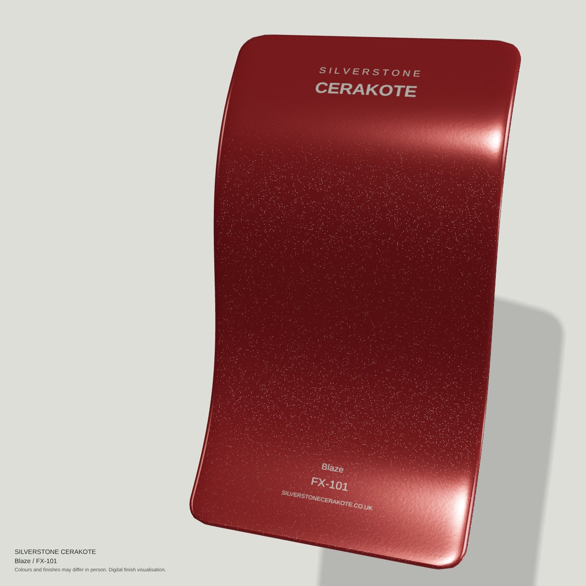 Blaze FX-101 Cerakote finish on a Silverstone Cerakote sample swatch (digital visualisation)