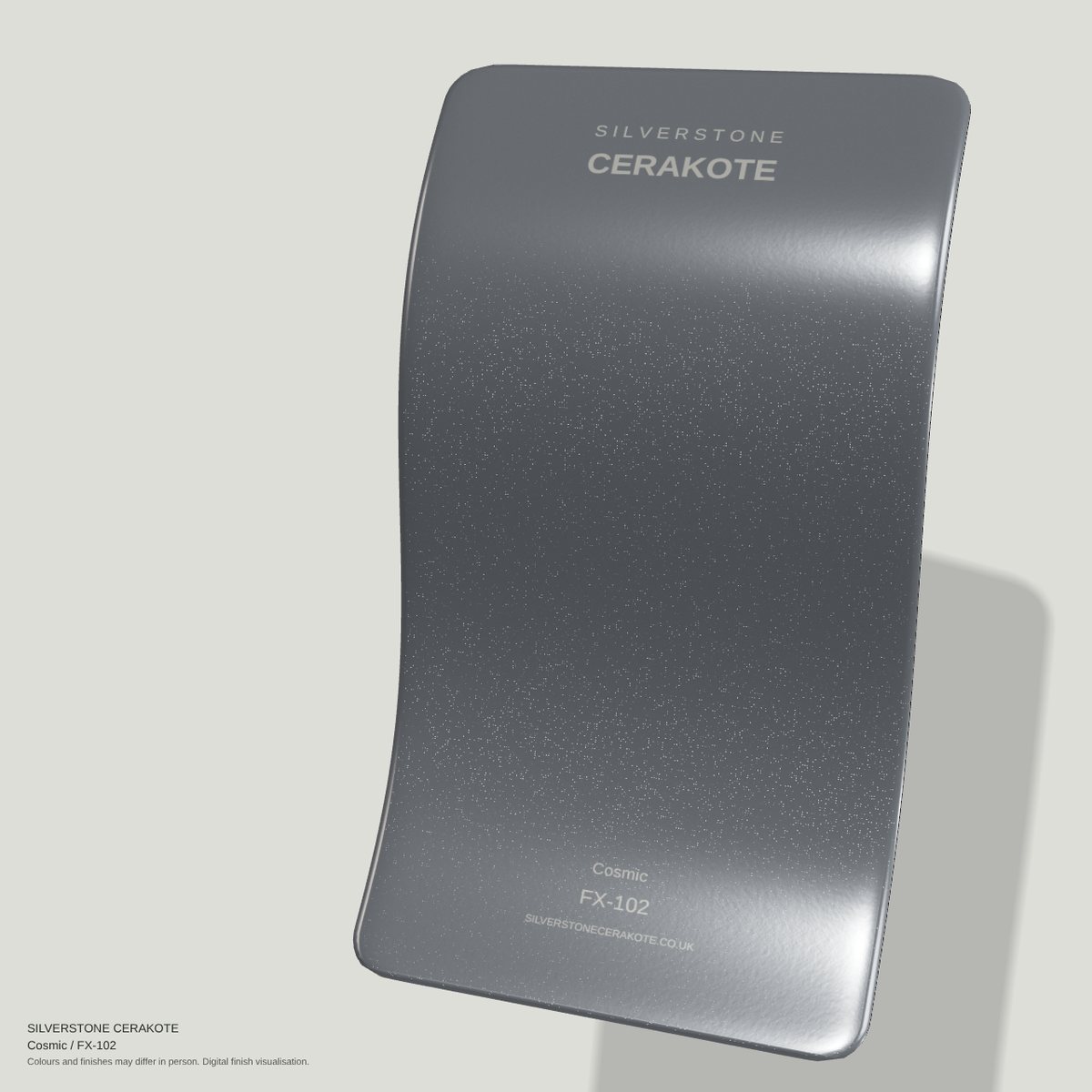 Cosmic FX-102 Cerakote finish on a Silverstone Cerakote sample swatch (digital visualisation)