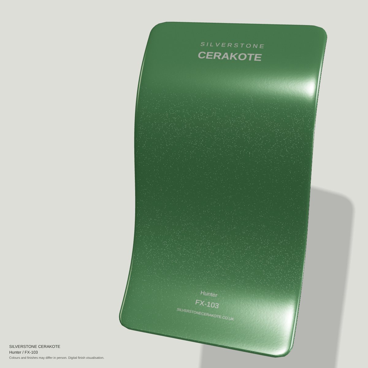 Hunter FX-103 Cerakote finish on a Silverstone Cerakote sample swatch (digital visualisation)