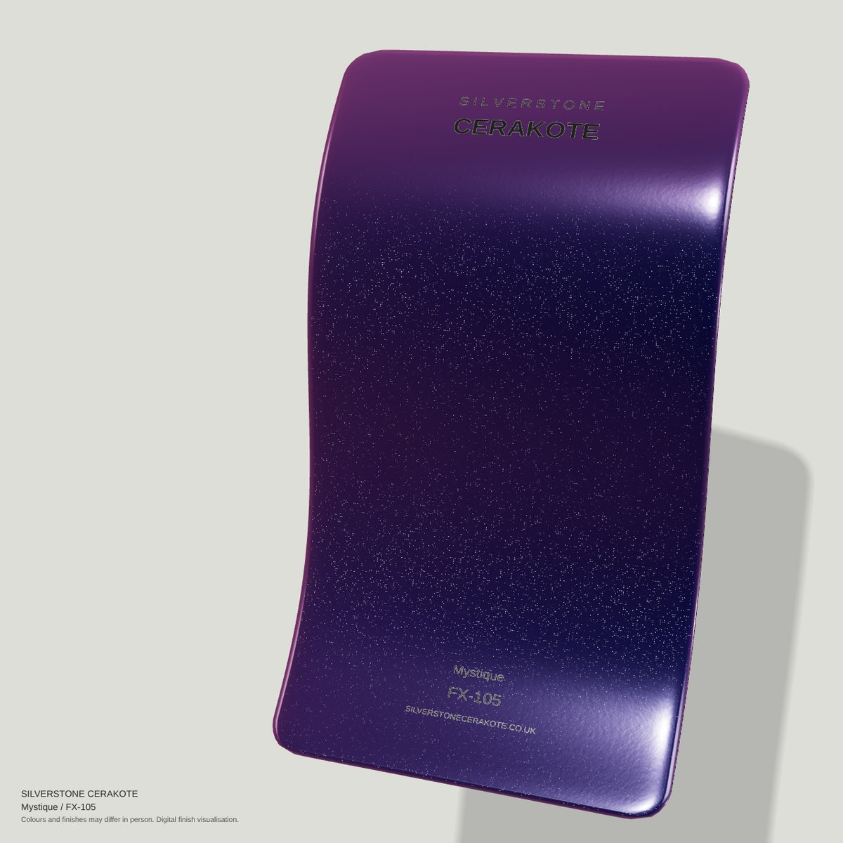 Mystique FX-105 Cerakote finish on a Silverstone Cerakote sample swatch (digital visualisation)