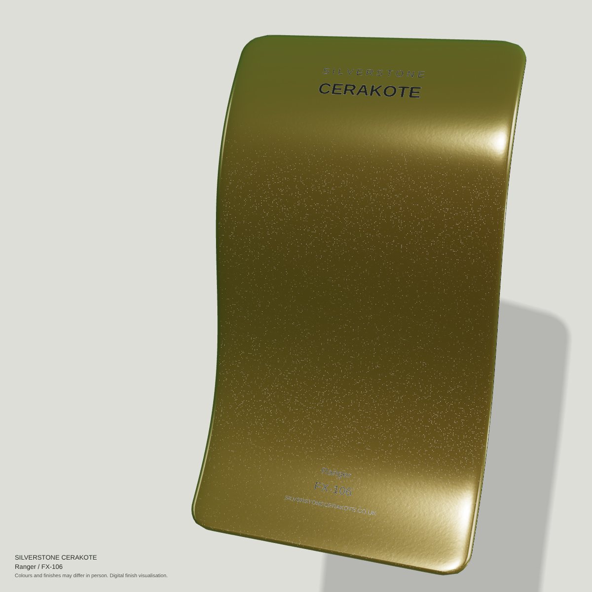 Ranger FX-106 Cerakote finish on a Silverstone Cerakote sample swatch (digital visualisation)