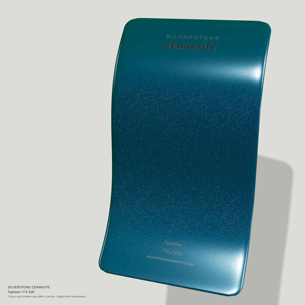 Typhoon FX-109 Cerakote finish on a Silverstone Cerakote sample swatch (digital visualisation)