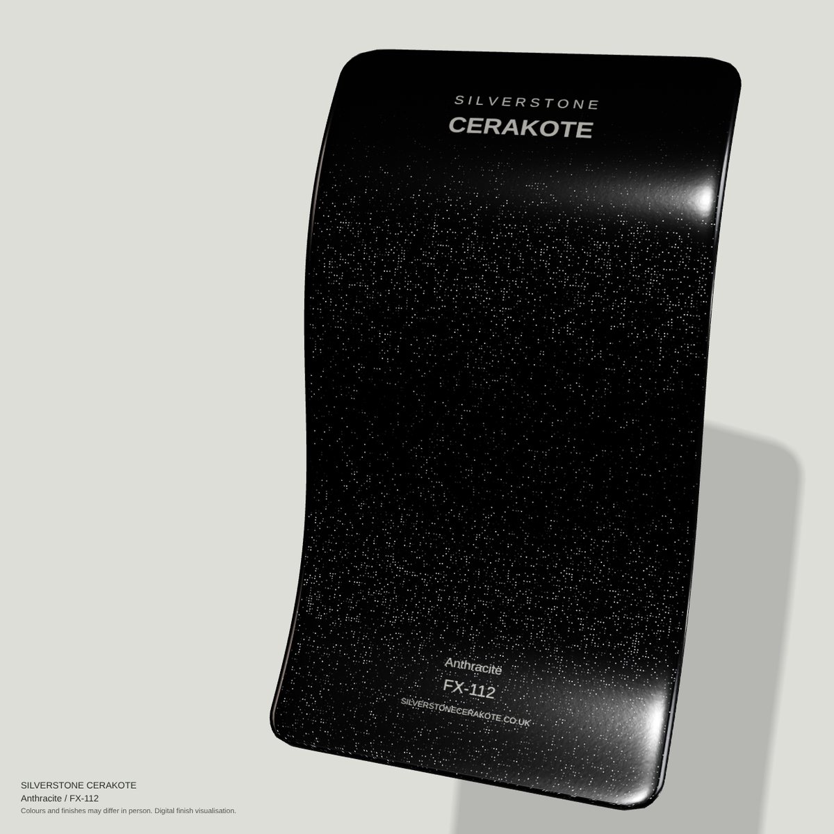 Anthracite FX-112 Cerakote finish on a Silverstone Cerakote sample swatch (digital visualisation)
