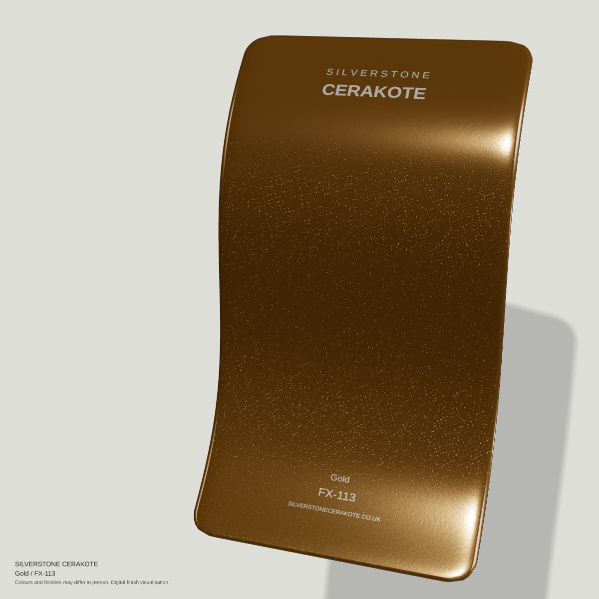 Gold FX-113 Cerakote finish on a Silverstone Cerakote sample swatch (digital visualisation)