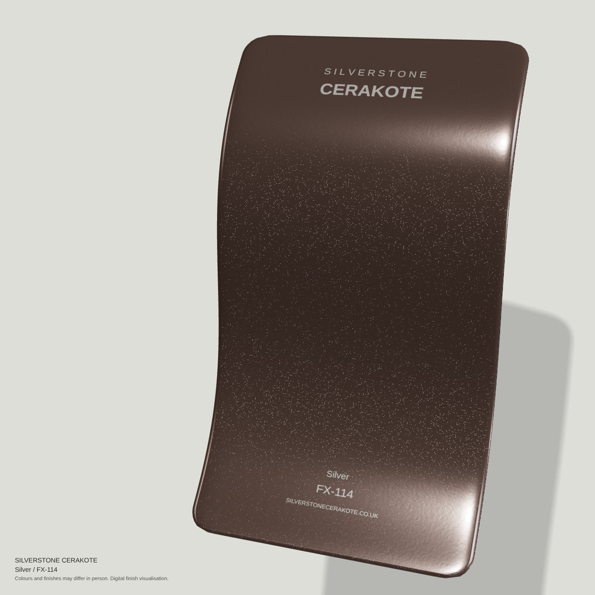 Silver FX-114 Cerakote finish on a Silverstone Cerakote sample swatch (digital visualisation)