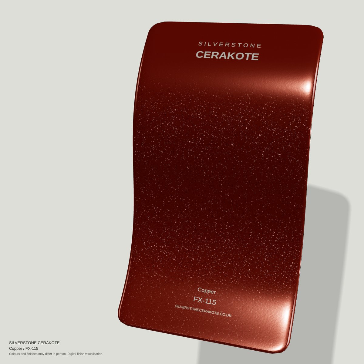 Copper FX-115 Cerakote finish on a Silverstone Cerakote sample swatch (digital visualisation)