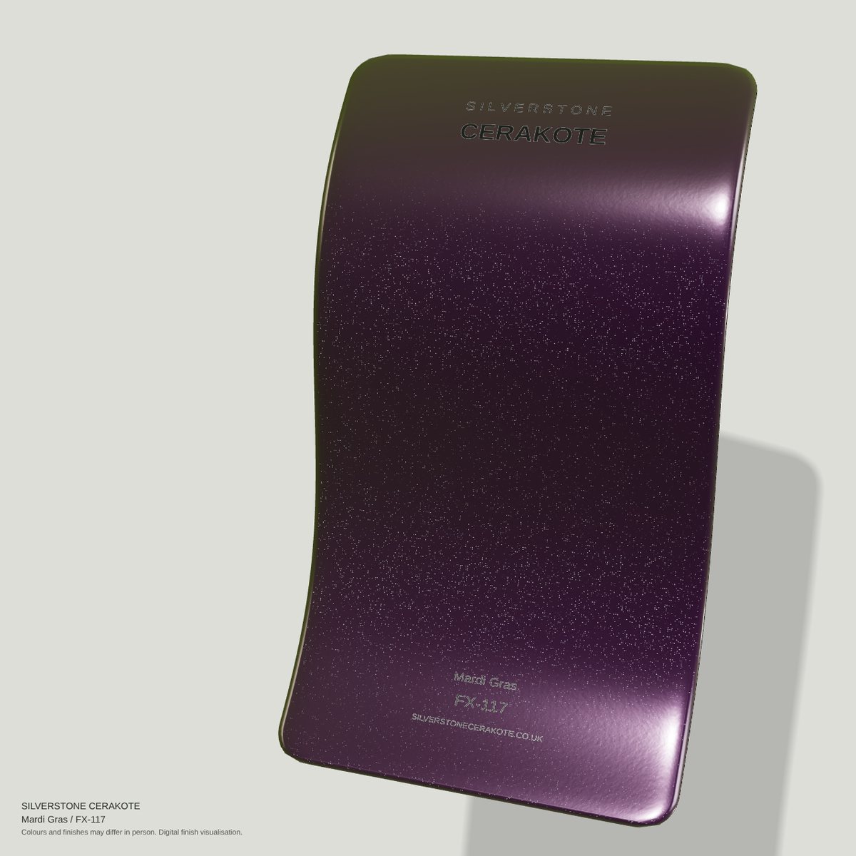 Mardi Gras FX-117 Cerakote finish on a Silverstone Cerakote sample swatch (digital visualisation)
