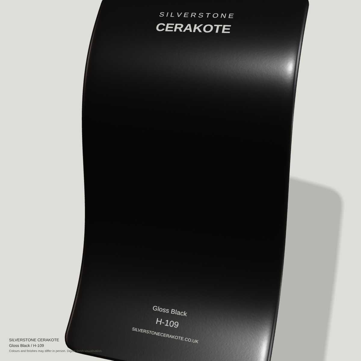 Gloss Black H-109 Cerakote finish on a Silverstone Cerakote sample swatch (digital visualisation)