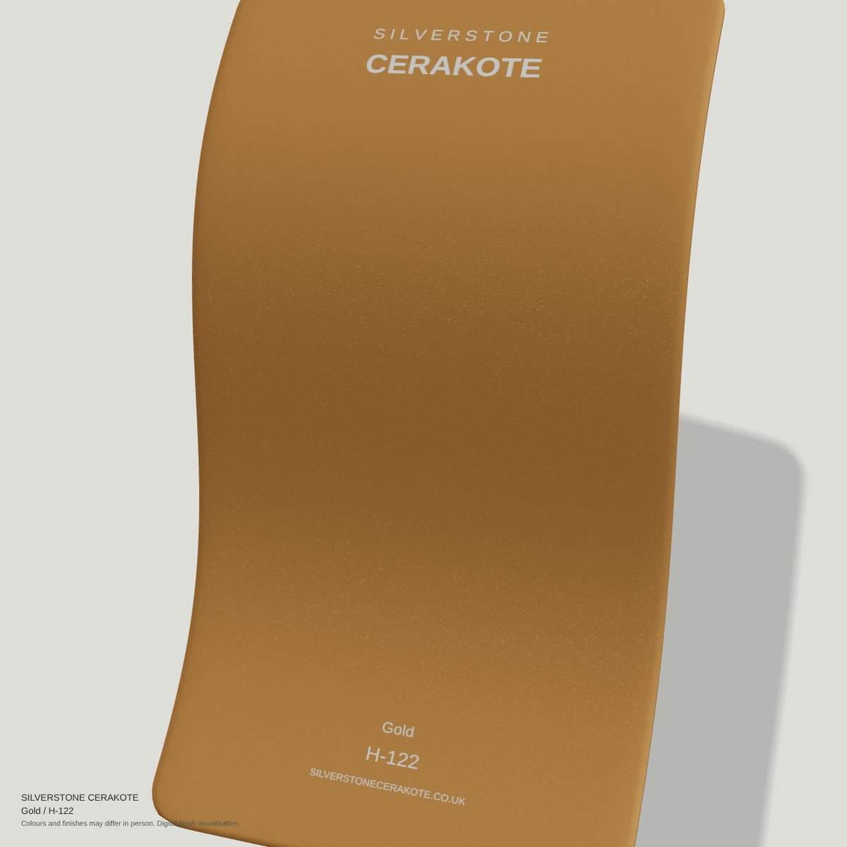 Gold H-122 Cerakote finish on a Silverstone Cerakote sample swatch (digital visualisation)