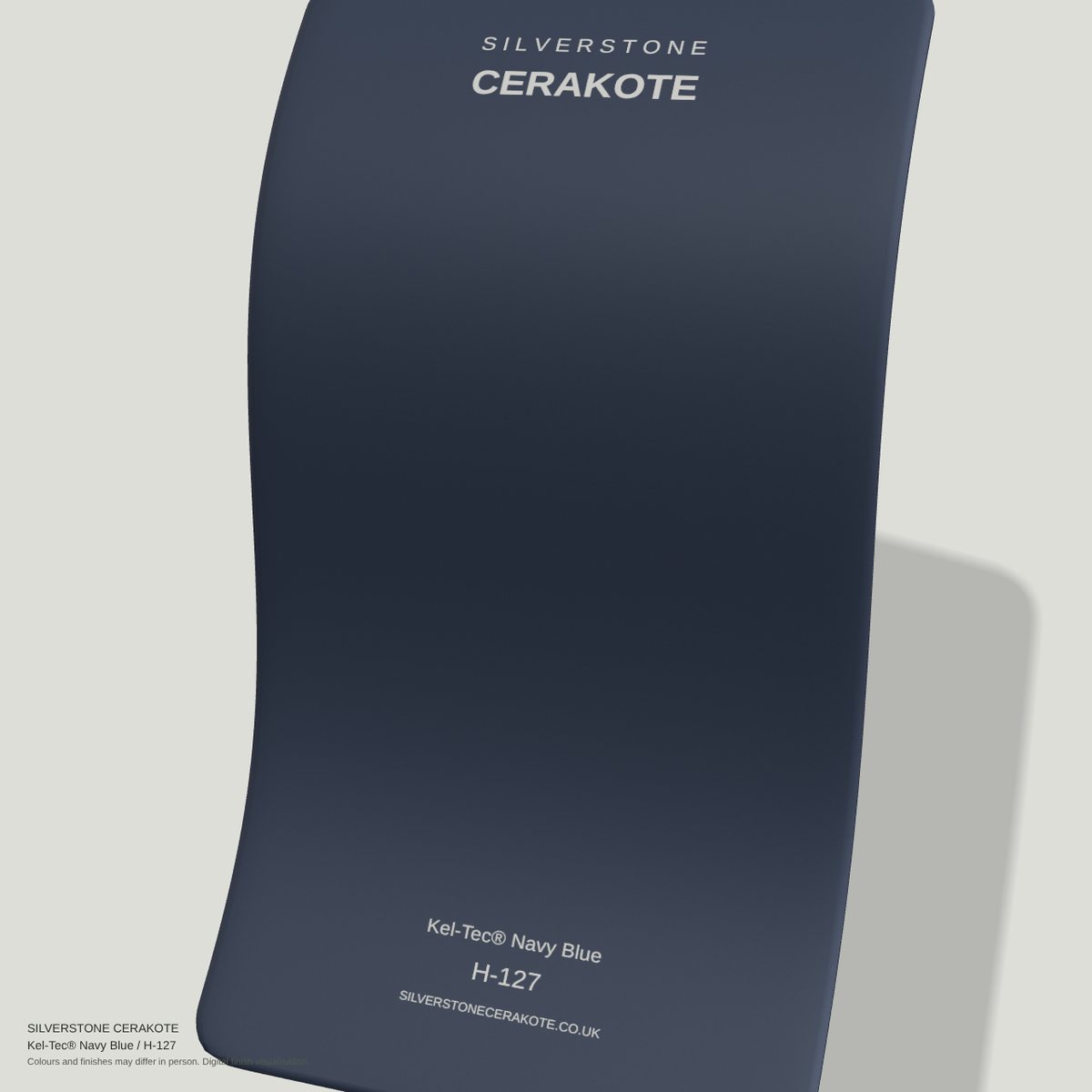Kel-Tec® Navy Blue H-127 Cerakote finish on a Silverstone Cerakote sample swatch (digital visualisation)