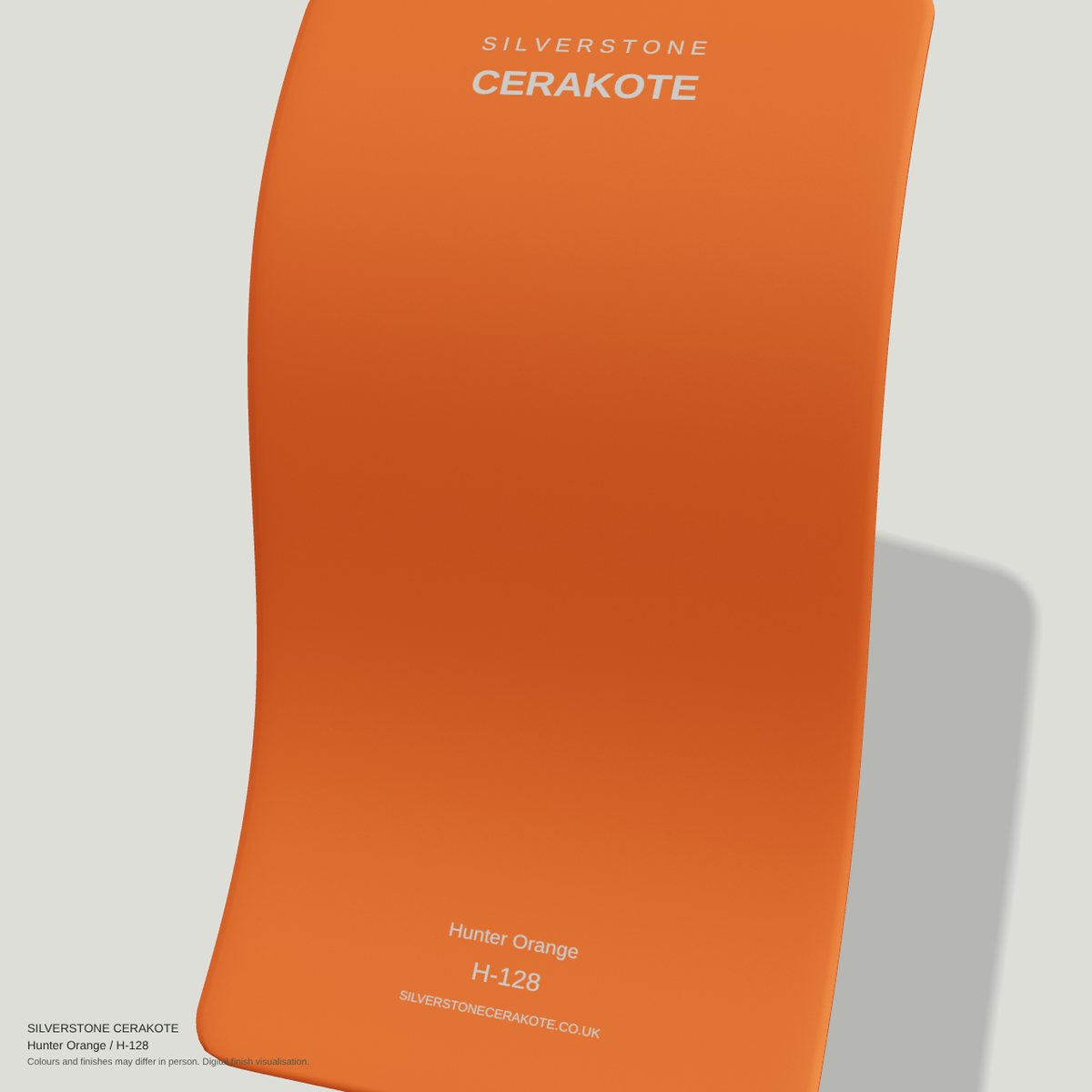 Hunter Orange H-128 Cerakote finish on a Silverstone Cerakote sample swatch (digital visualisation)