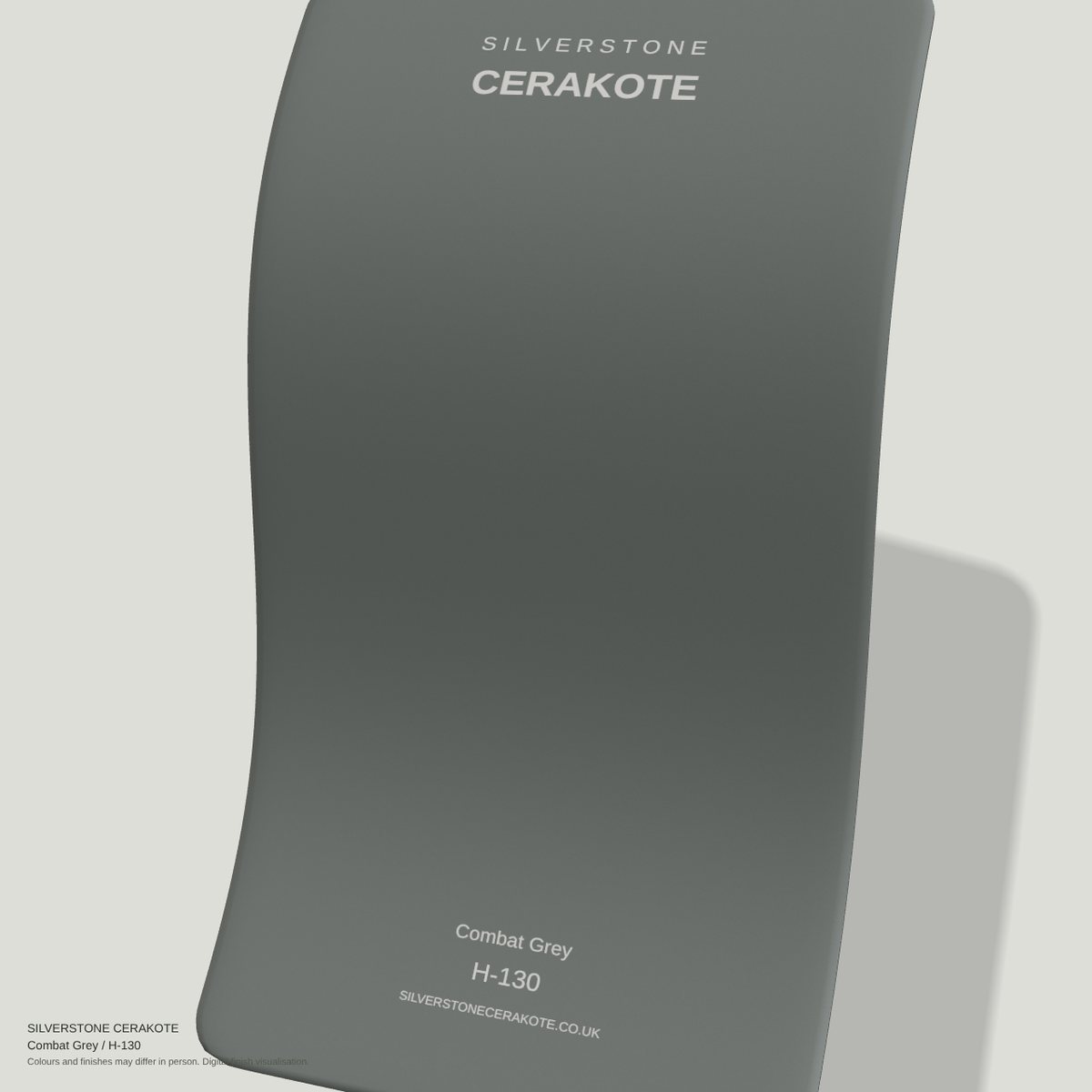 Combat Grey H-130 Cerakote finish on a Silverstone Cerakote sample swatch (digital visualisation)