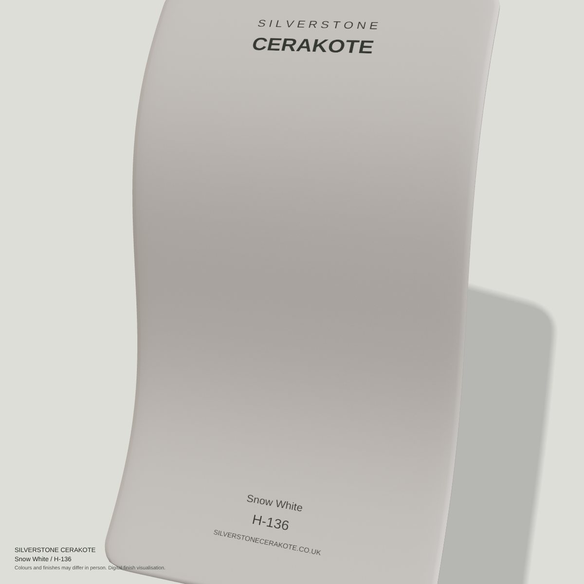 Snow White H-136 Cerakote finish on a Silverstone Cerakote sample swatch (digital visualisation)