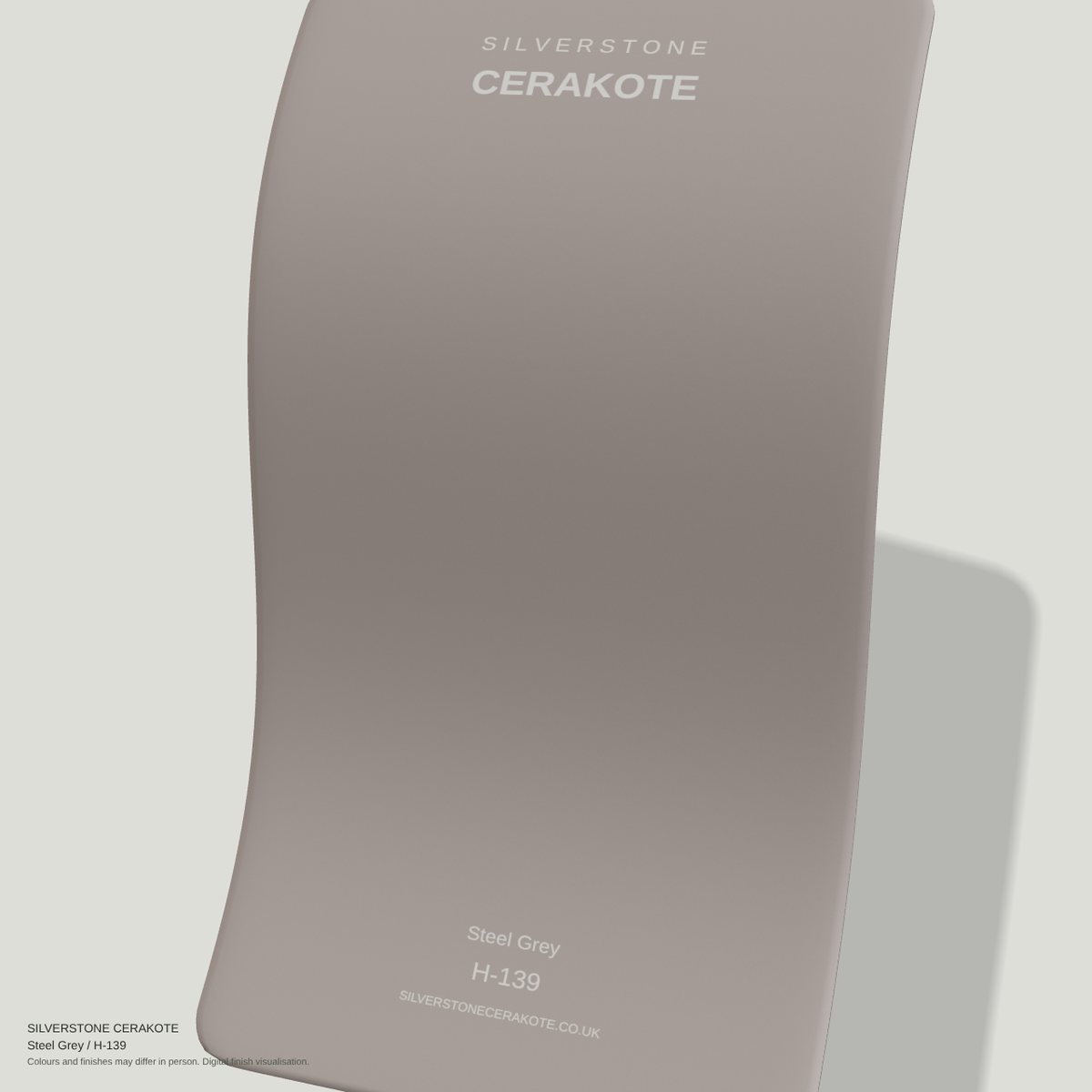Steel Grey H-139 Cerakote finish on a Silverstone Cerakote sample swatch (digital visualisation)