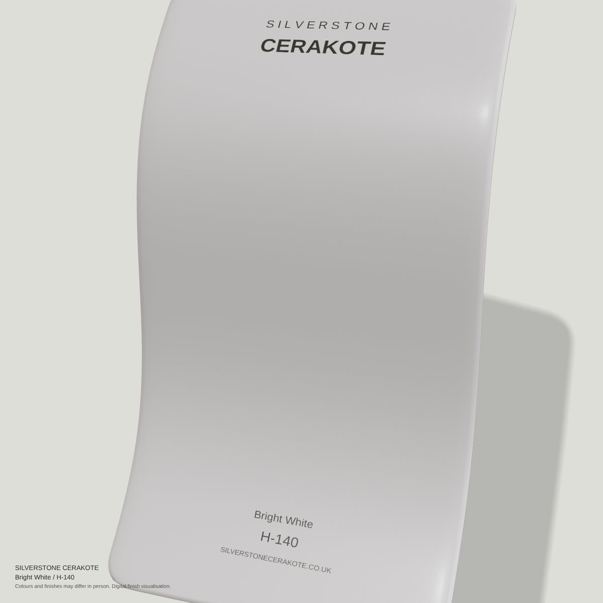 Bright White H-140 Cerakote finish on a Silverstone Cerakote sample swatch (digital visualisation)