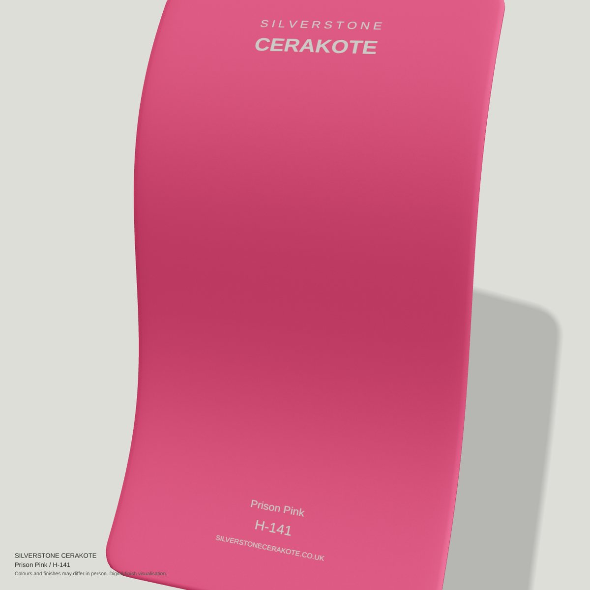 Prison Pink H-141 Cerakote finish on a Silverstone Cerakote sample swatch (digital visualisation)