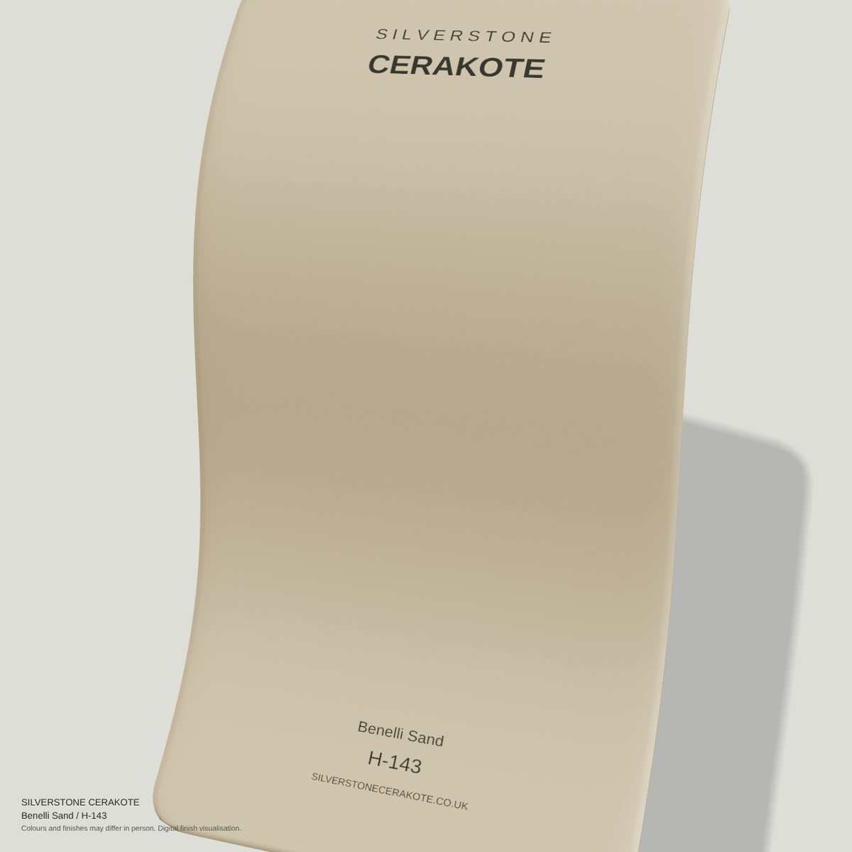 Benelli Sand H-143 Cerakote finish on a Silverstone Cerakote sample swatch (digital visualisation)