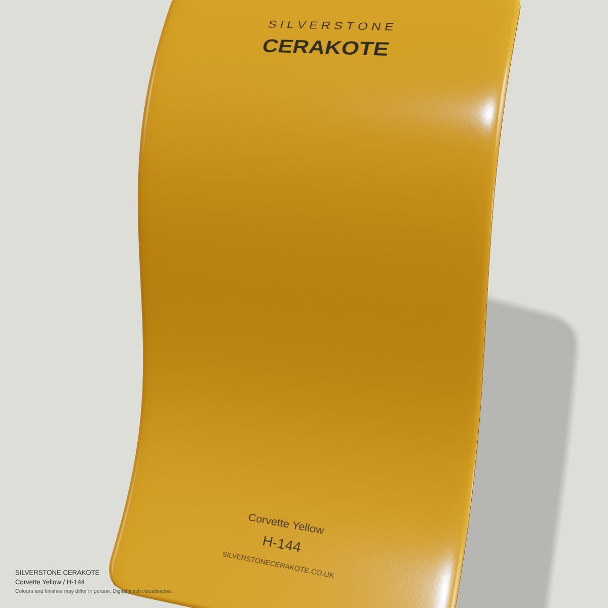 Corvette Yellow H-144 Cerakote finish on a Silverstone Cerakote sample swatch (digital visualisation)