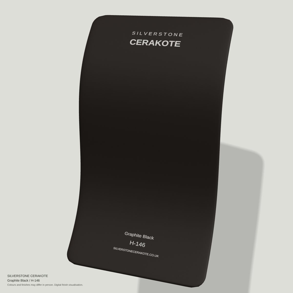 Graphite Black H-146 Cerakote finish on a Silverstone Cerakote sample swatch (digital visualisation)