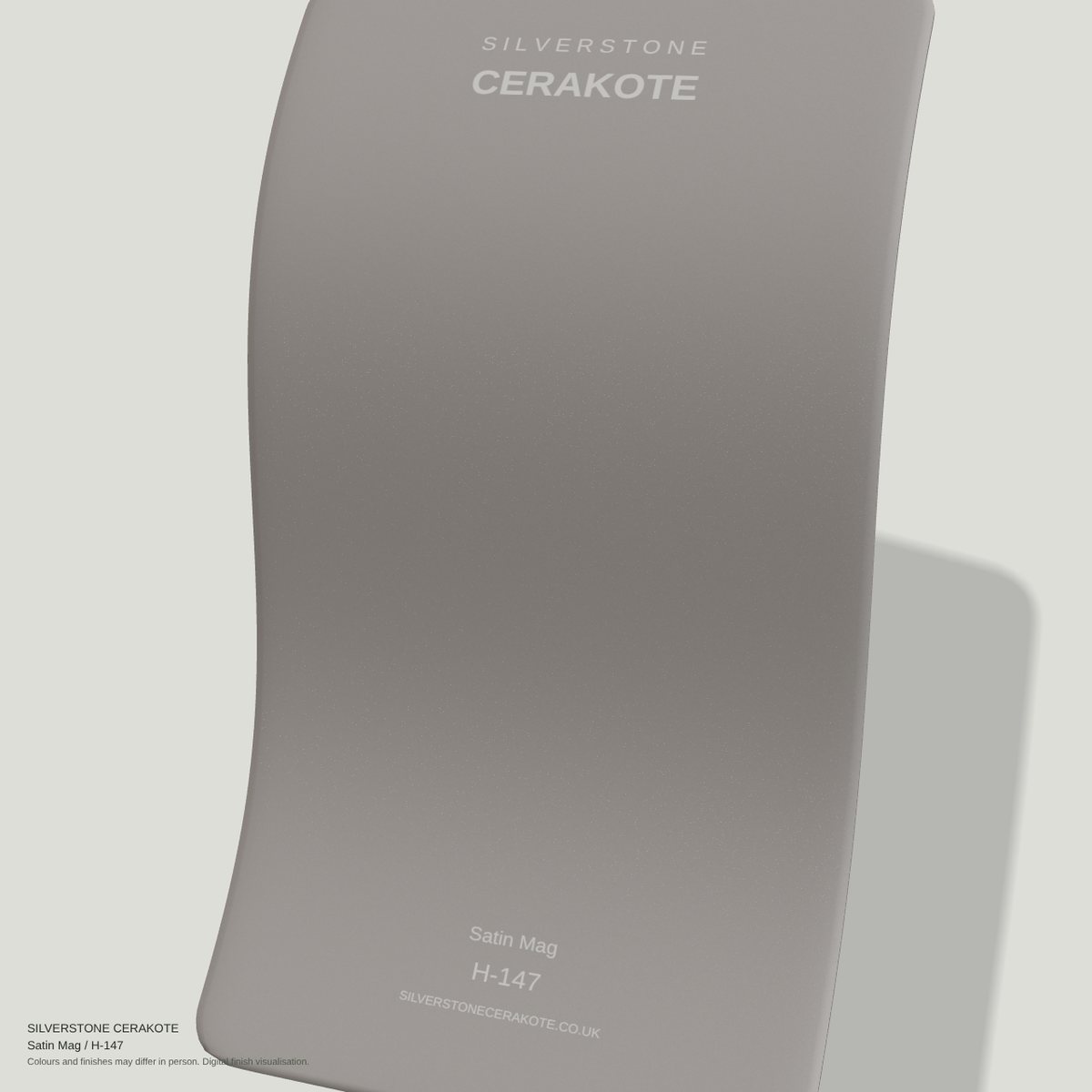 Satin Mag H-147 Cerakote finish on a Silverstone Cerakote sample swatch (digital visualisation)