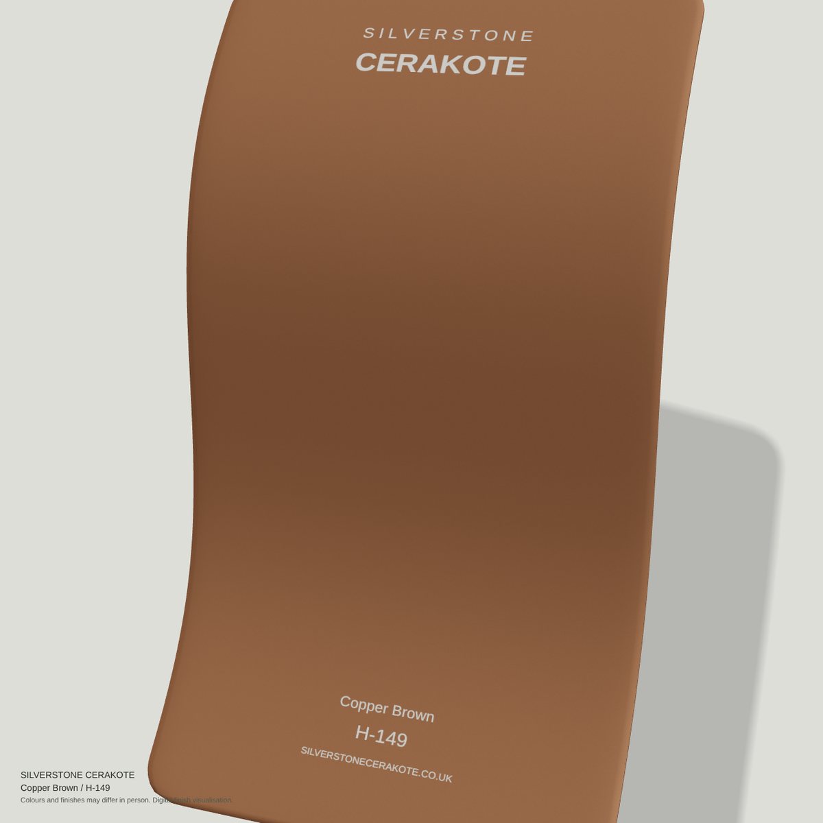 Copper Brown H-149 Cerakote finish on a Silverstone Cerakote sample swatch (digital visualisation)