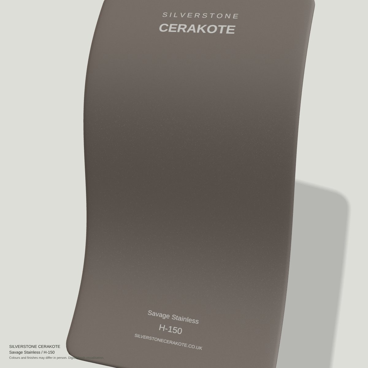 Savage Stainless H-150 Cerakote finish on a Silverstone Cerakote sample swatch (digital visualisation)