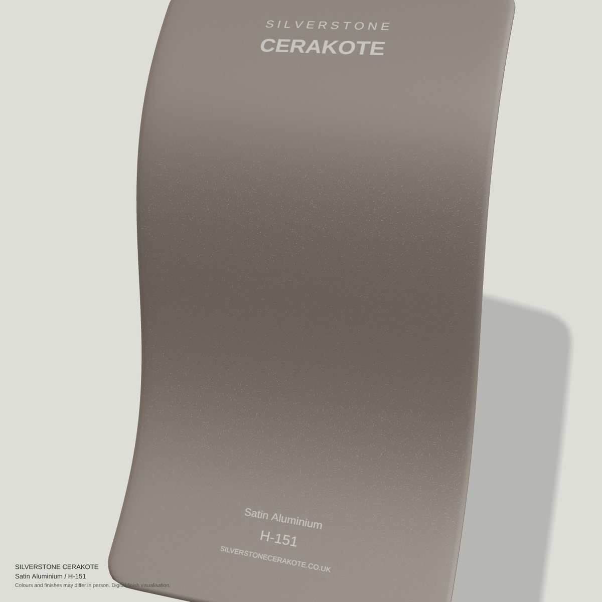 Satin Aluminium H-151 Cerakote finish on a Silverstone Cerakote sample swatch (digital visualisation)