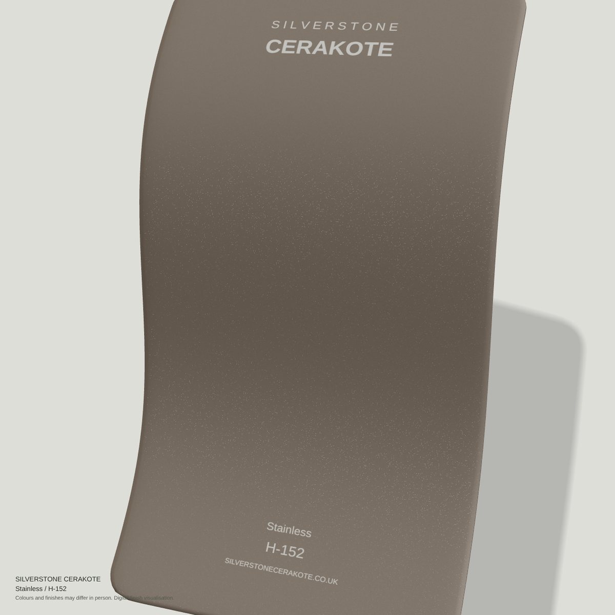 Stainless H-152 Cerakote finish on a Silverstone Cerakote sample swatch (digital visualisation)