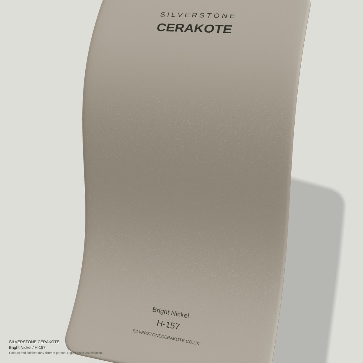 Bright Nickel H-157 Cerakote finish on a Silverstone Cerakote sample swatch (digital visualisation)