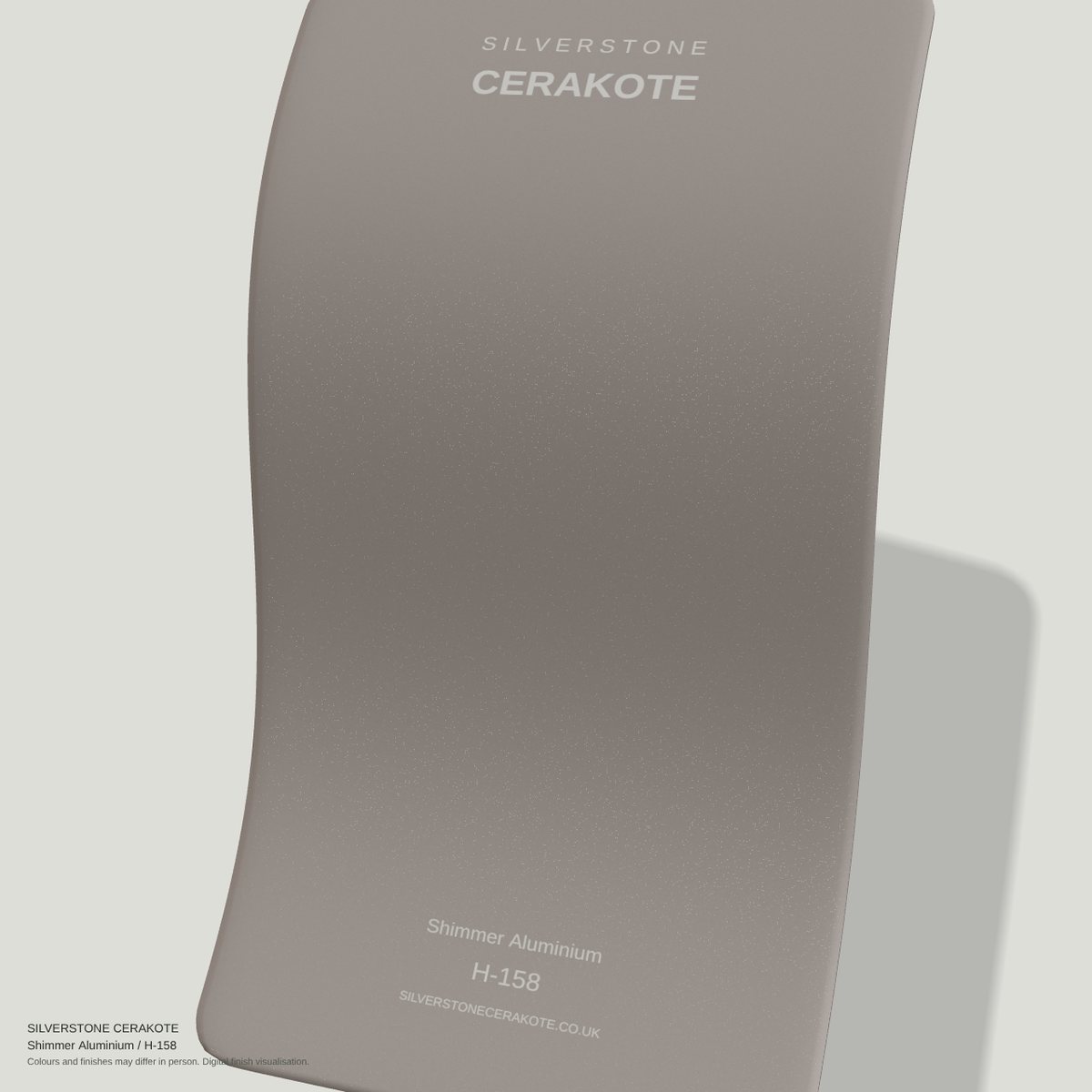 Shimmer Aluminium H-158 Cerakote finish on a Silverstone Cerakote sample swatch (digital visualisation)