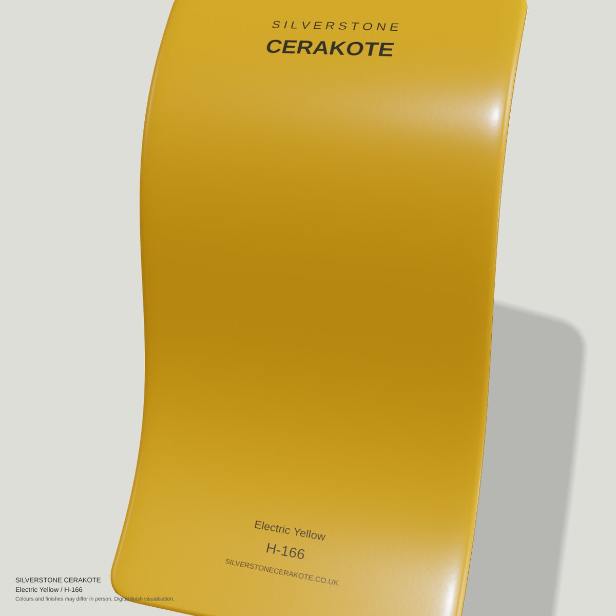 Electric Yellow H-166 Cerakote finish on a Silverstone Cerakote sample swatch (digital visualisation)