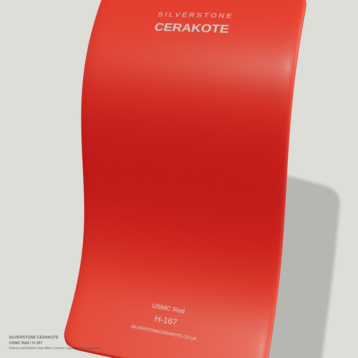 USMC Red H-167 Cerakote finish on a Silverstone Cerakote sample swatch (digital visualisation)