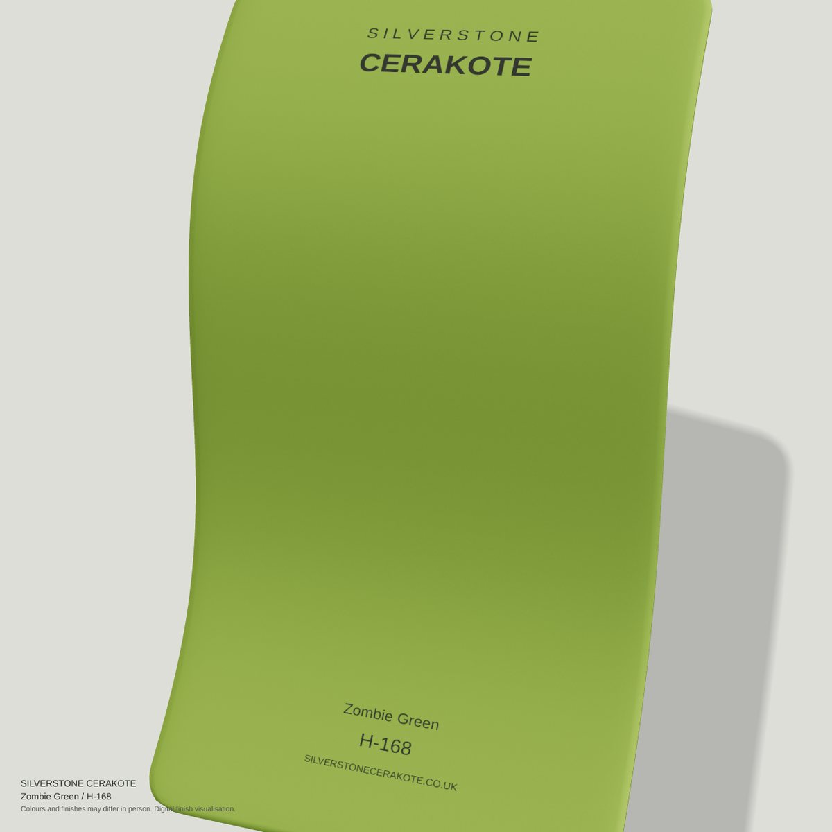 Zombie Green H-168 Cerakote finish on a Silverstone Cerakote sample swatch (digital visualisation)