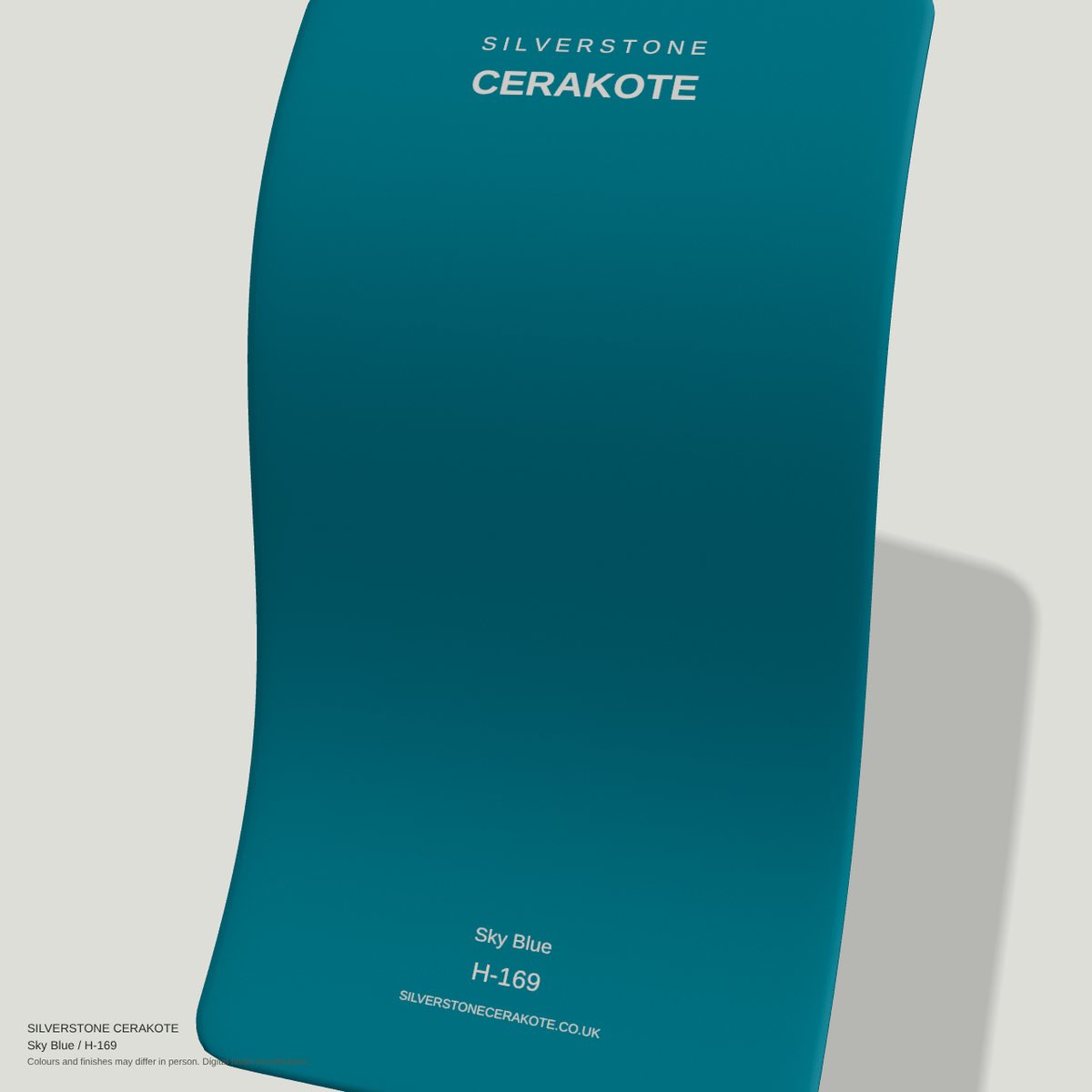 Sky Blue H-169 Cerakote finish on a Silverstone Cerakote sample swatch (digital visualisation)