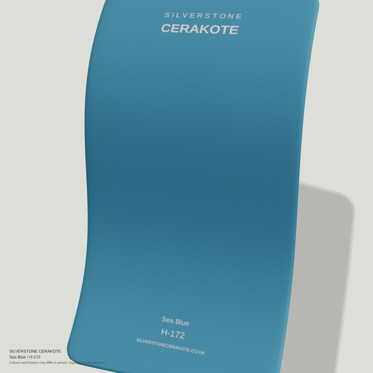 Sea Blue H-172 Cerakote finish on a Silverstone Cerakote sample swatch (digital visualisation)