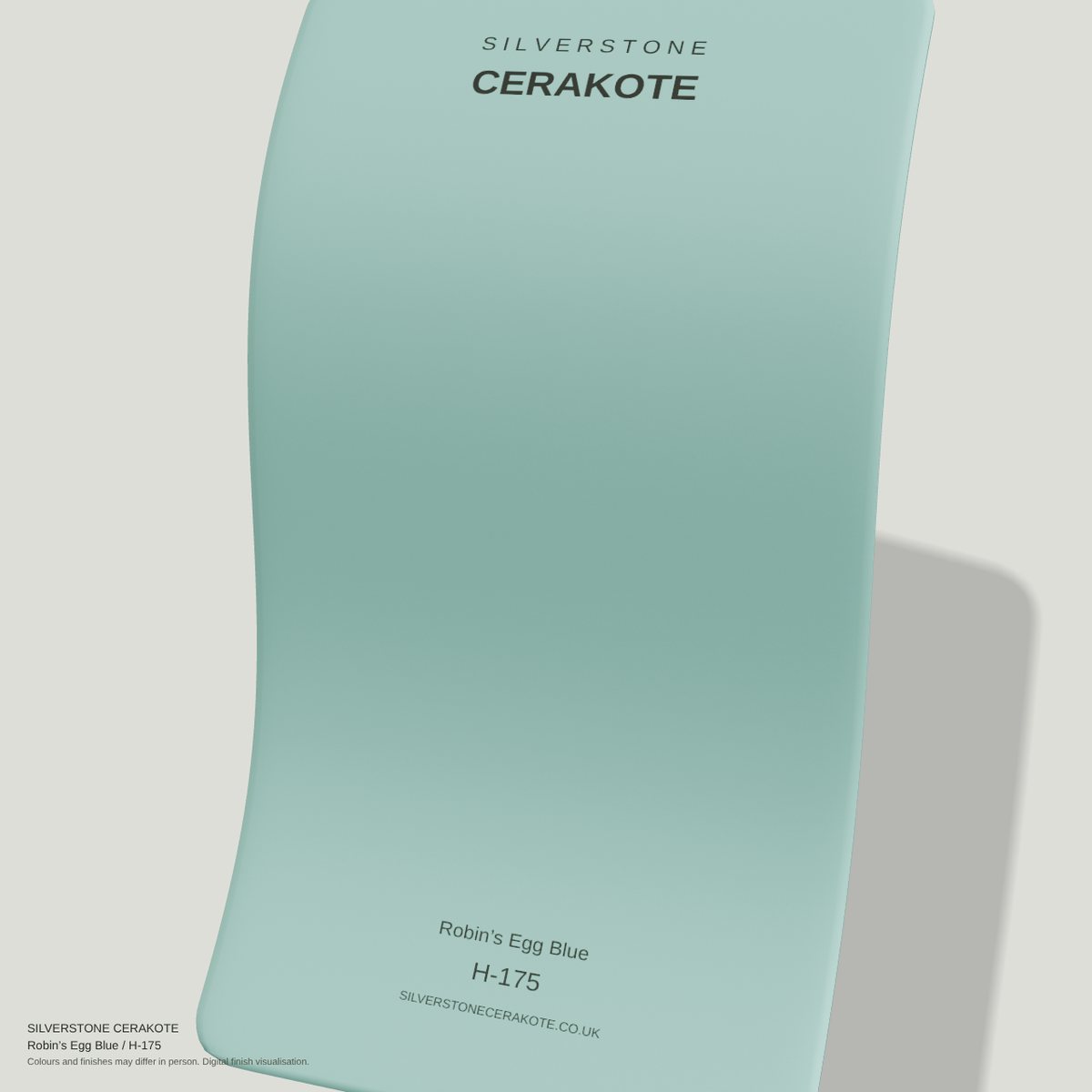 Robin’s Egg Blue H-175 Cerakote finish on a Silverstone Cerakote sample swatch (digital visualisation)