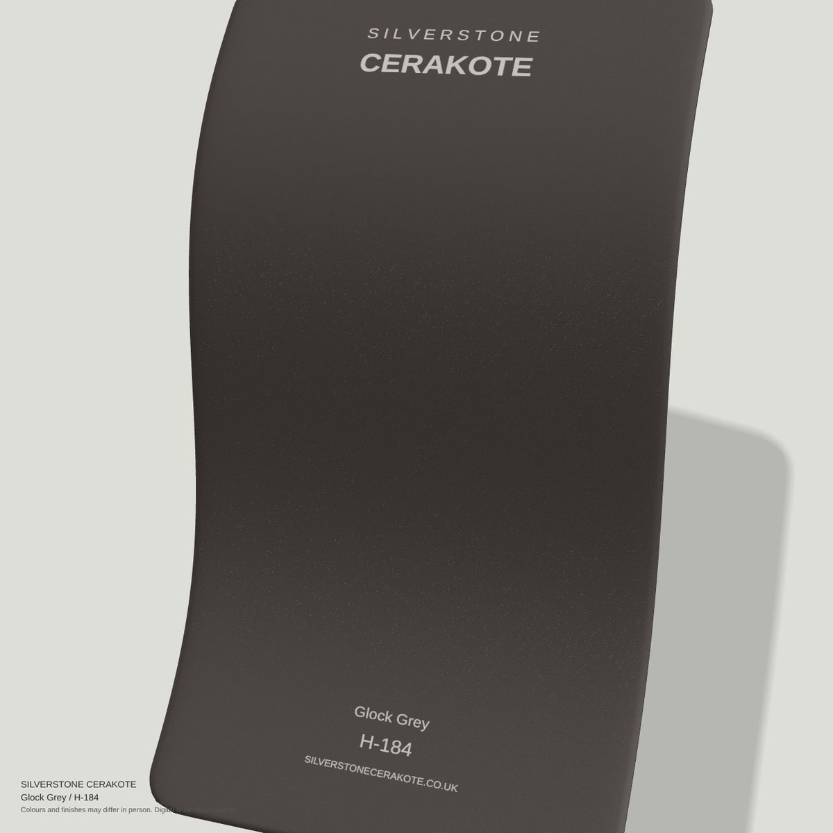 Glock Grey H-184 Cerakote finish on a Silverstone Cerakote sample swatch (digital visualisation)
